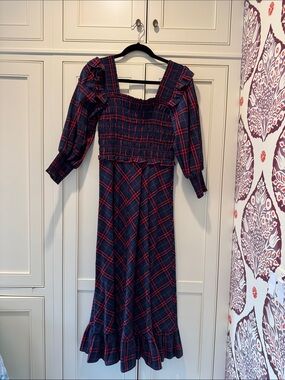 HUNTER BELL Navy and Red Plaid Smocked Midi Dress